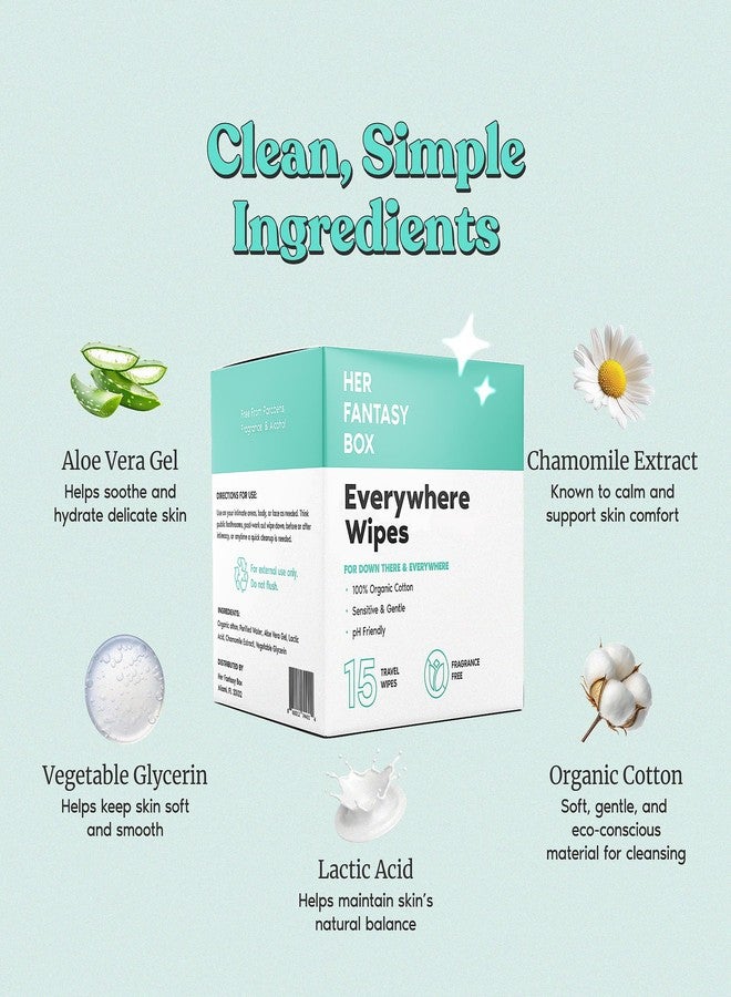 Her Fantasy Box | Everywhere Wipes – 100% Organic Cotton, Gentle & Refreshing, pH-Balanced, Fragrance-Free, Plant-Powered for Body, Face & Intimate Areas, Ideal for Sensitive Skin - 1 Pack, 15 Wipes - Image 4